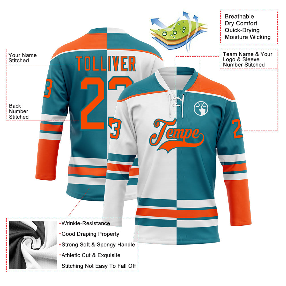Custom Teal Orange-White Split Fashion Hockey Lace Neck Jersey view 3