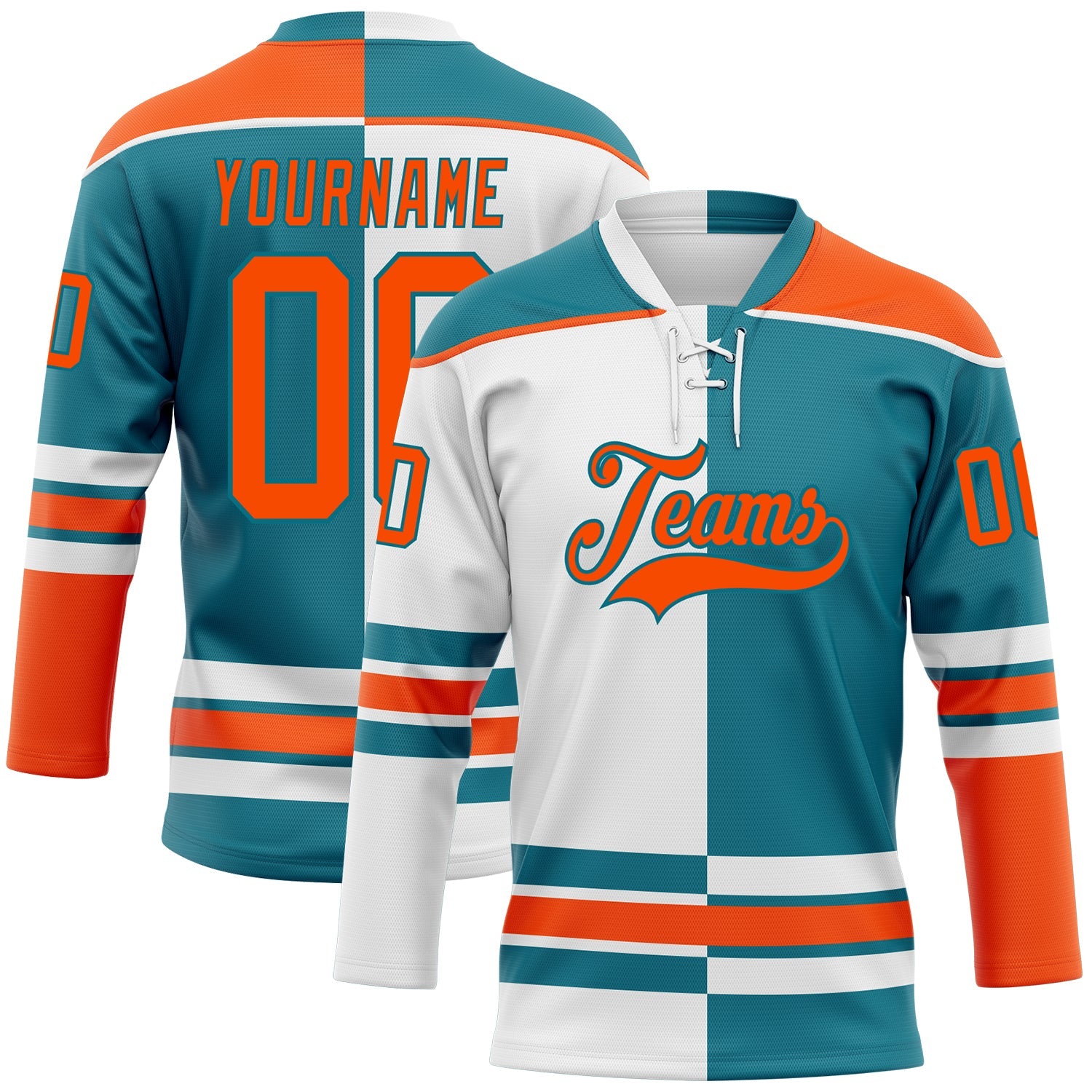 Custom Teal Orange-White Split Fashion Hockey Lace Neck Jersey - Main View