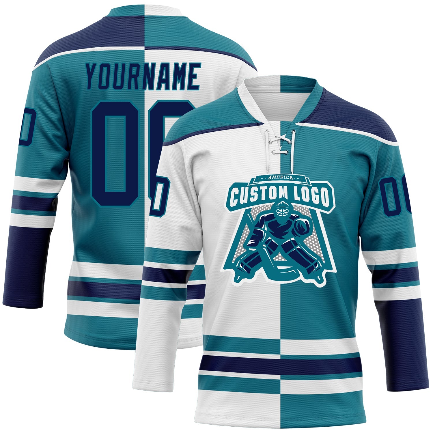 Custom Teal Navy-White Split Fashion Hockey Lace Neck Jersey view 2
