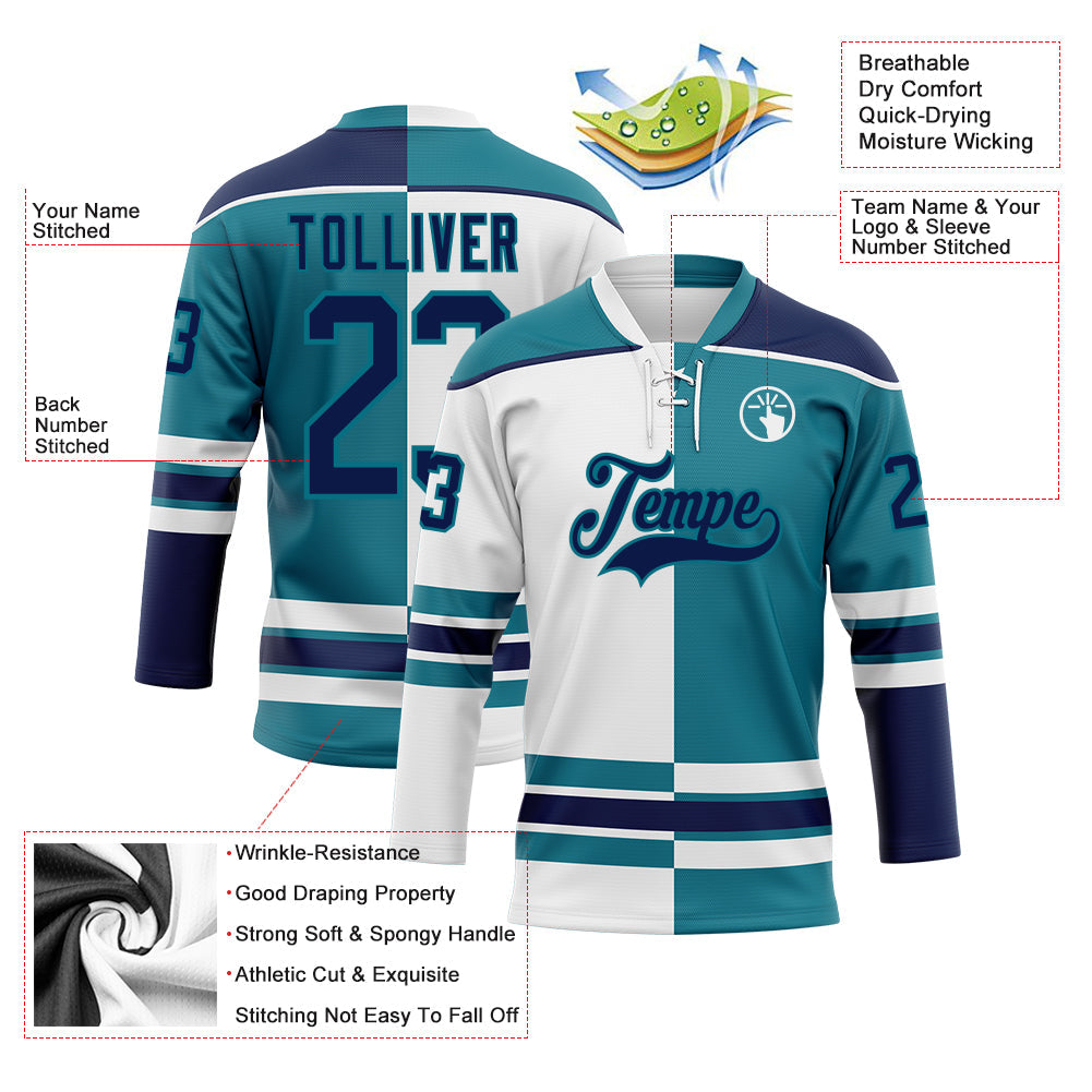 Custom Teal Navy-White Split Fashion Hockey Lace Neck Jersey view 3