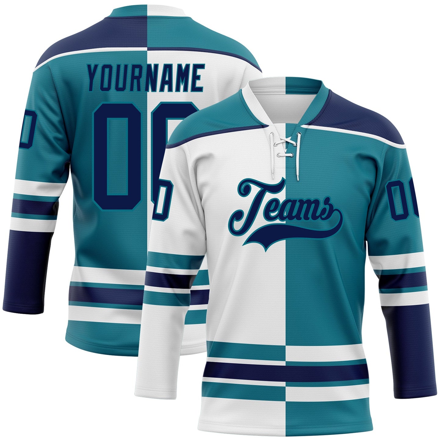 Custom Teal Navy-White Split Fashion Hockey Lace Neck Jersey - Main View
