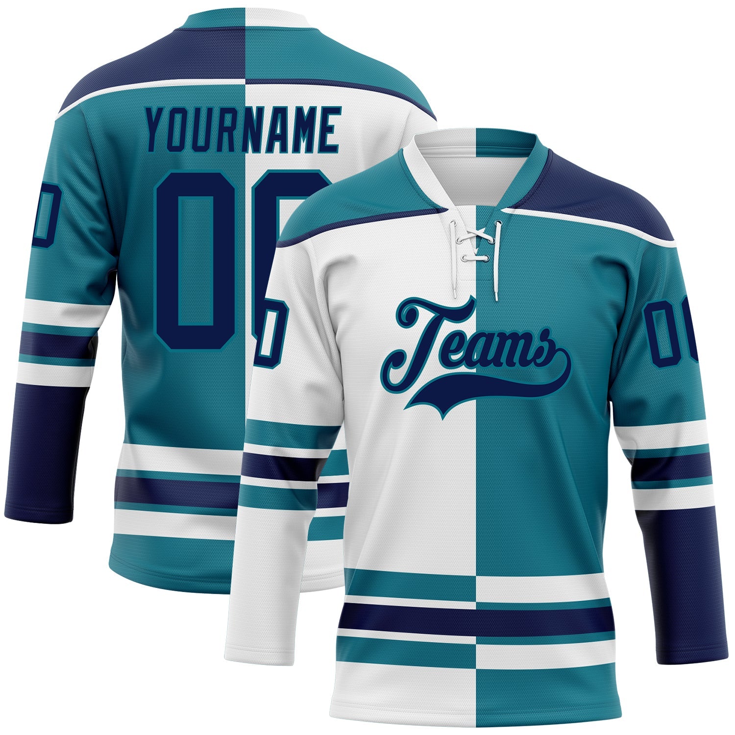 Custom Teal Navy-White Split Fashion Hockey Lace Neck Jersey - Main View