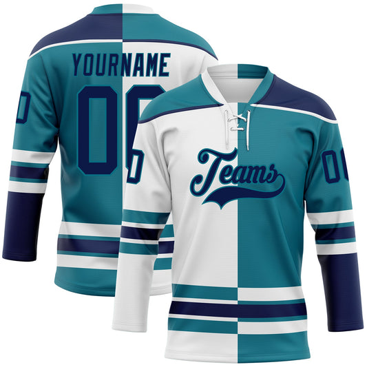 Custom Teal Navy-White Split Fashion Hockey Lace Neck Jersey - Main View