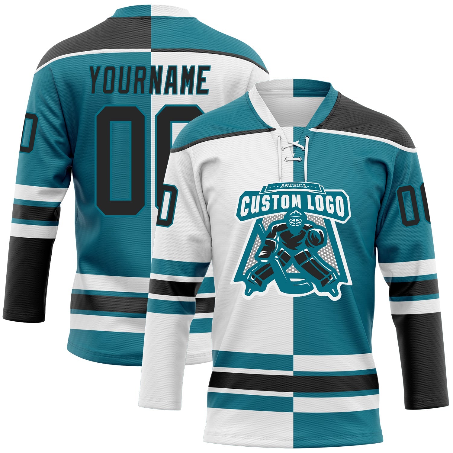 Custom Teal Black-White Split Fashion Hockey Lace Neck Jersey view 2