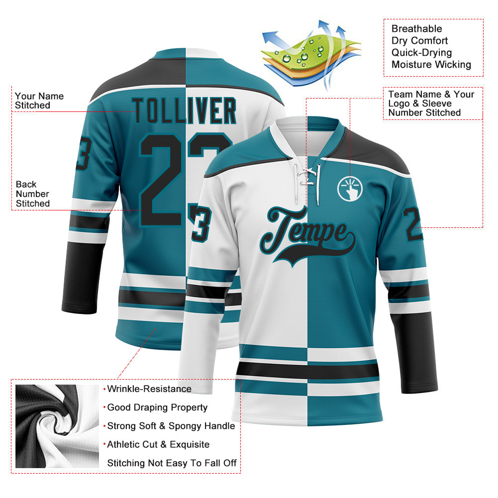 Custom Teal Black-White Split Fashion Hockey Lace Neck Jersey view 3