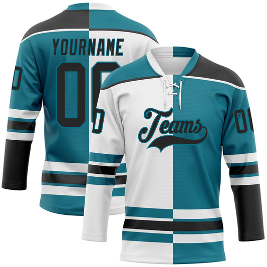 Custom Teal Black-White Split Fashion Hockey Lace Neck Jersey - Main View