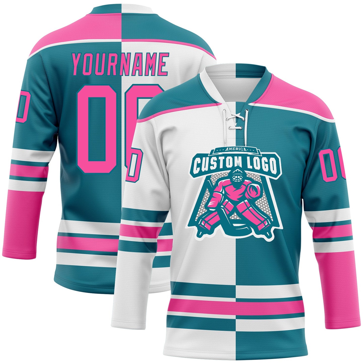 Custom Teal Pink-White Split Fashion Hockey Lace Neck Jersey view 2