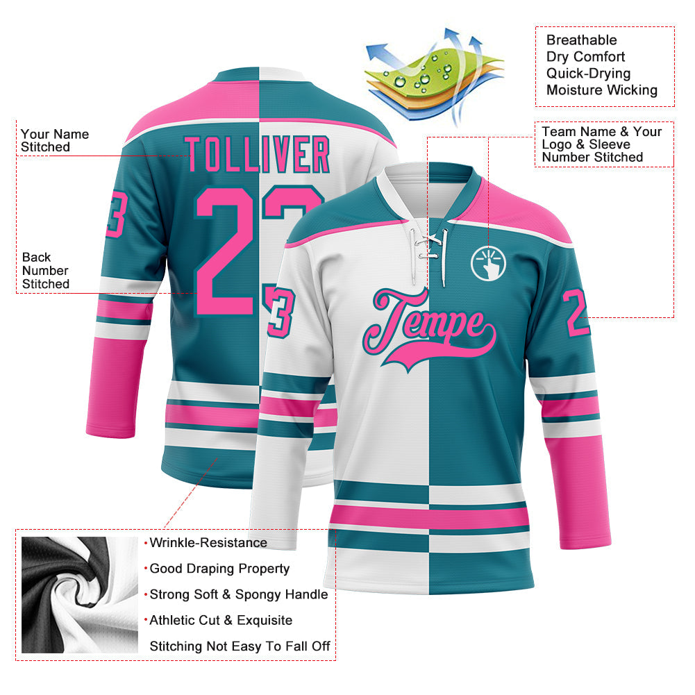Custom Teal Pink-White Split Fashion Hockey Lace Neck Jersey view 3