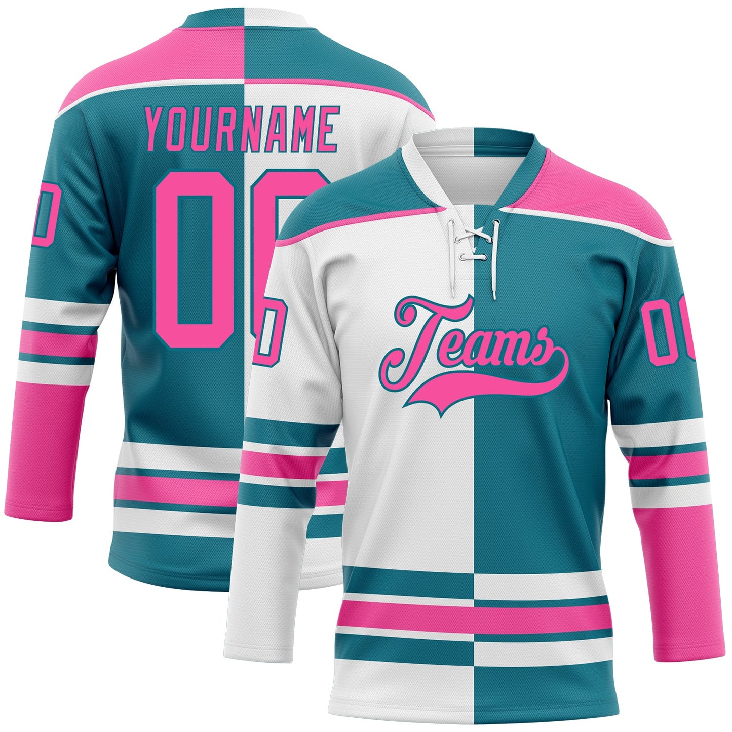 Custom Teal Pink-White Split Fashion Hockey Lace Neck Jersey - Main View