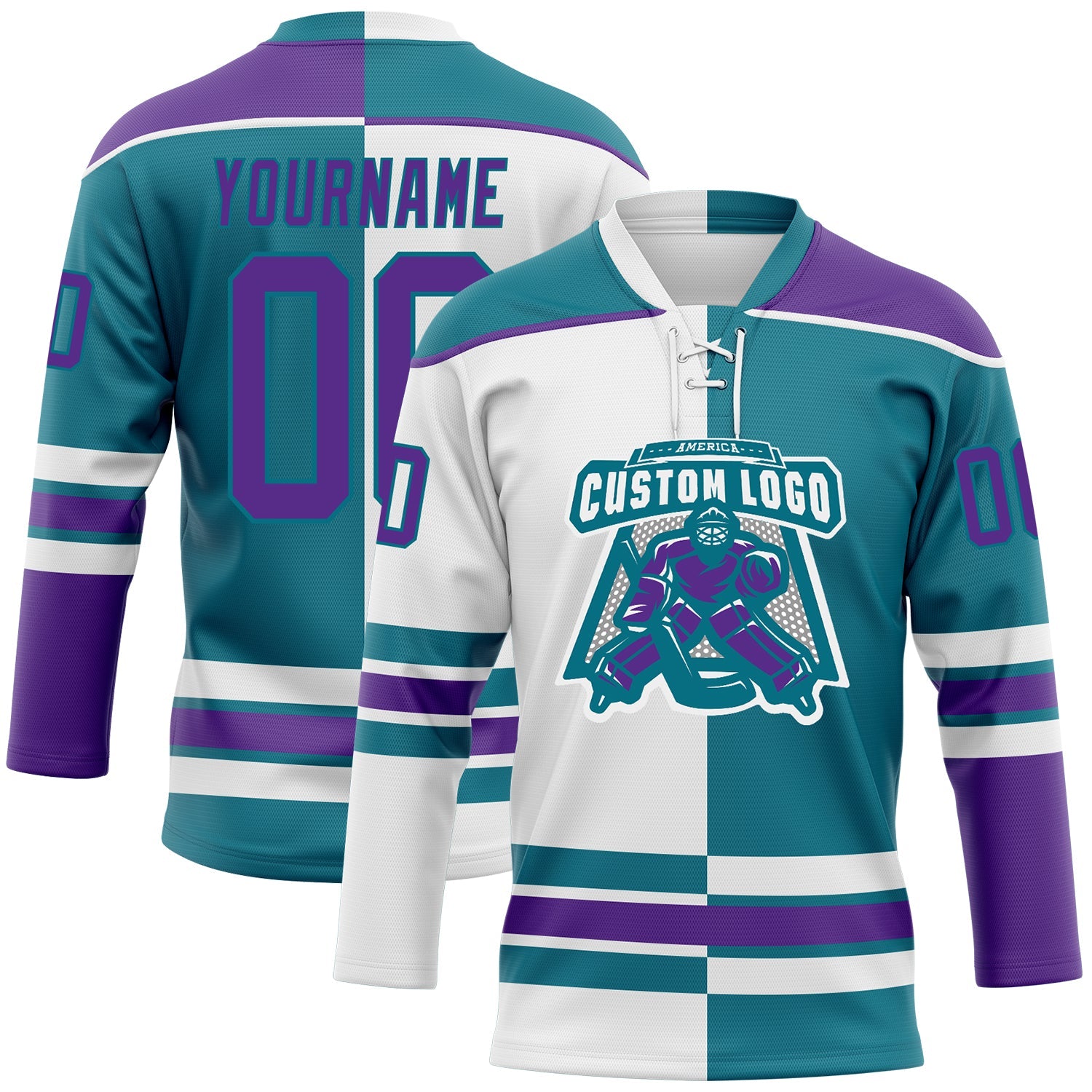 Custom Teal Purple-White Split Fashion Hockey Lace Neck Jersey view 2