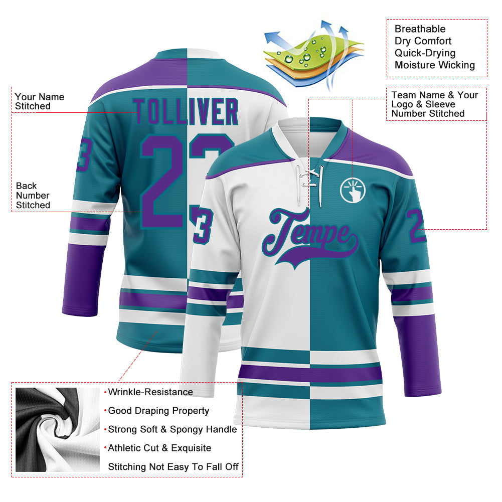 Custom Teal Purple-White Split Fashion Hockey Lace Neck Jersey view 3