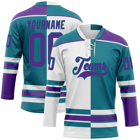 Custom Teal Purple-White Split Fashion Hockey Lace Neck Jersey - Main View