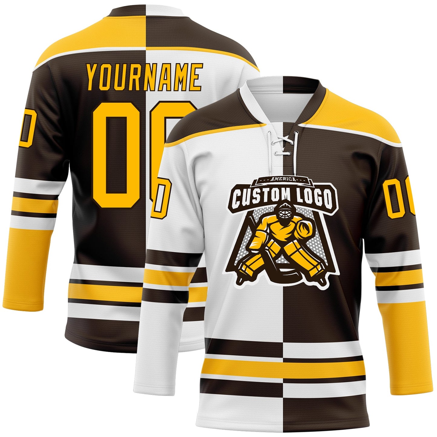 Custom Brown Gold-White Split Fashion Hockey Lace Neck Jersey view 2