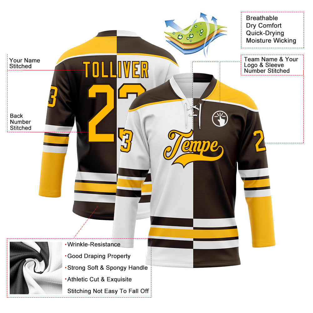 Custom Brown Gold-White Split Fashion Hockey Lace Neck Jersey view 3