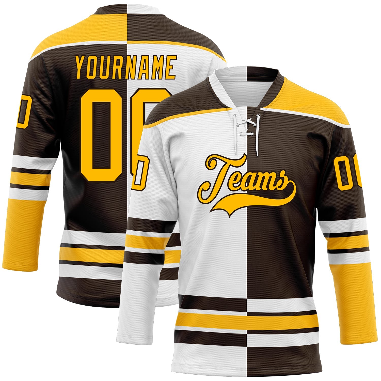 Custom Brown Gold-White Split Fashion Hockey Lace Neck Jersey - Main View