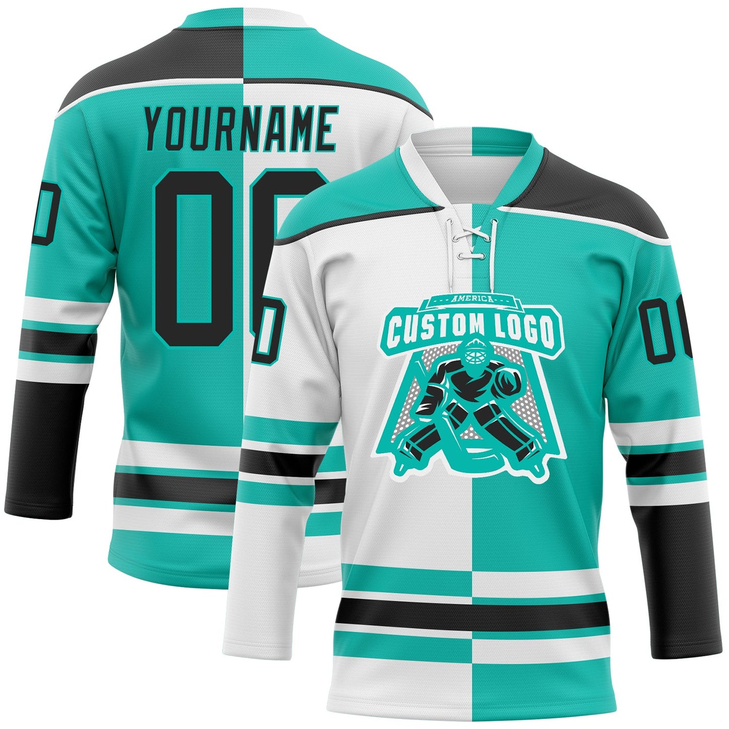 Custom Aqua Black-White Split Fashion Hockey Lace Neck Jersey view 2