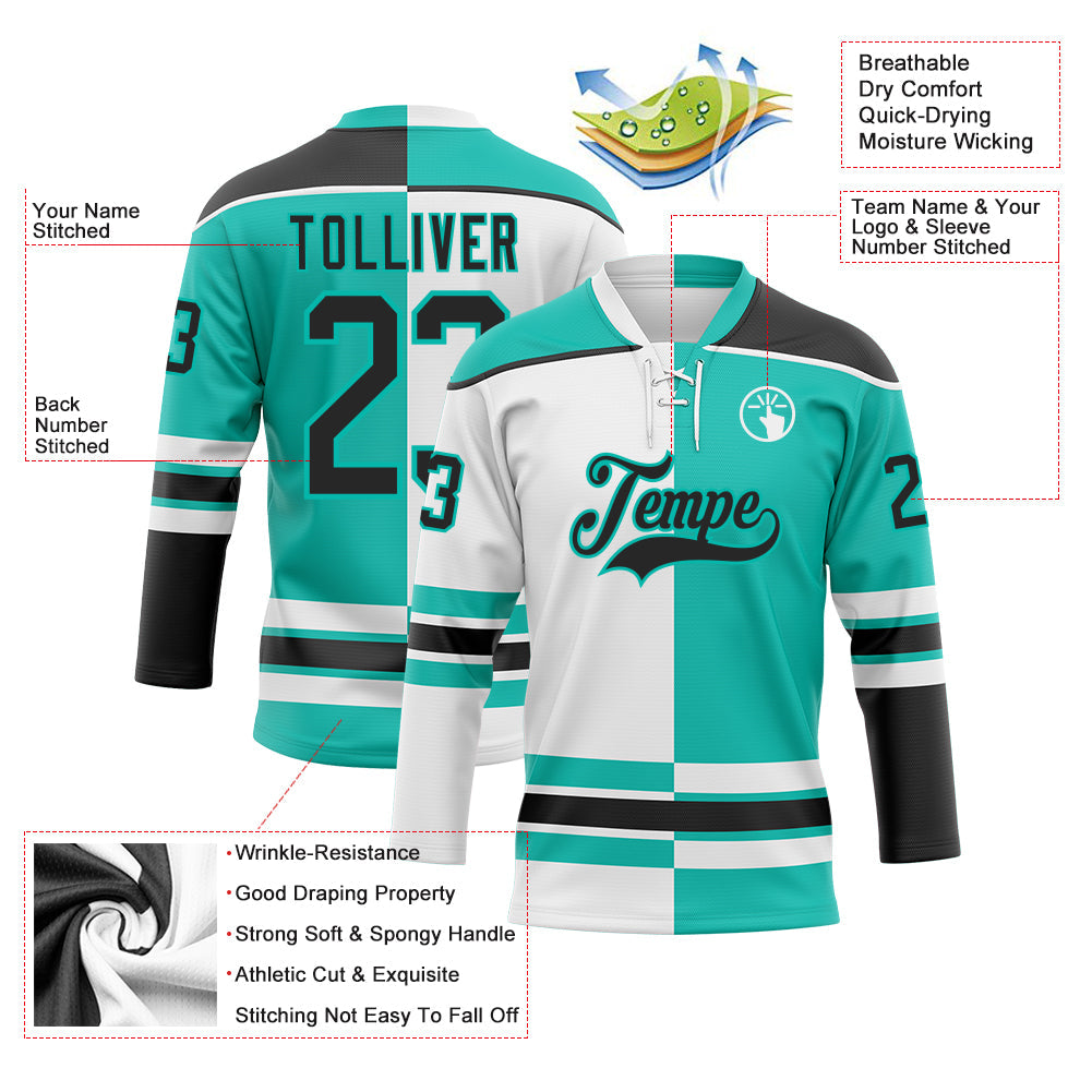 Custom Aqua Black-White Split Fashion Hockey Lace Neck Jersey view 3