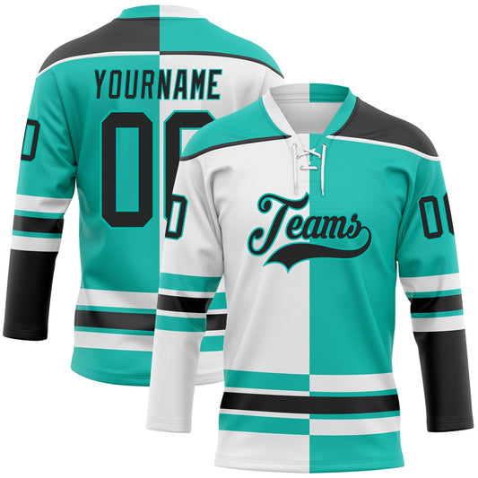 Custom Aqua Black-White Split Fashion Hockey Lace Neck Jersey - Main View