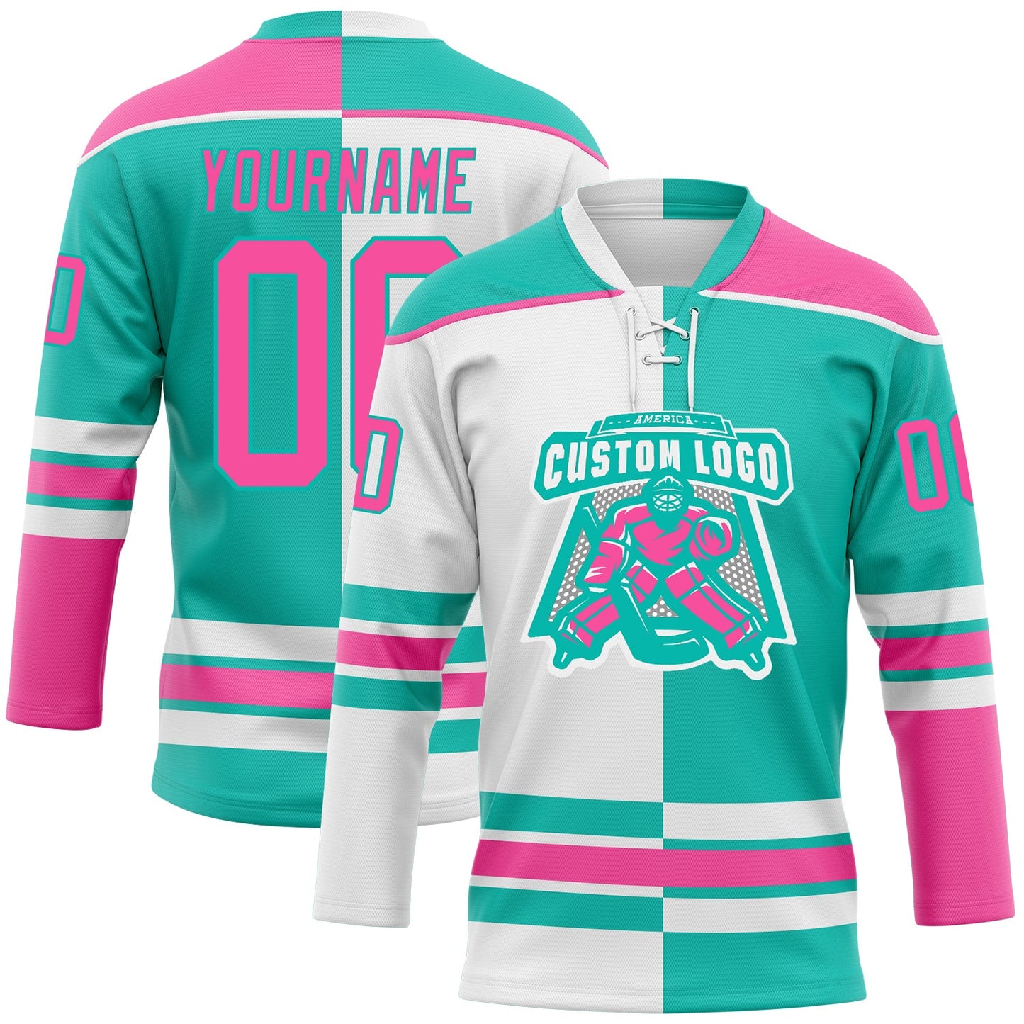 Custom Aqua Pink-White Split Fashion Hockey Lace Neck Jersey view 2