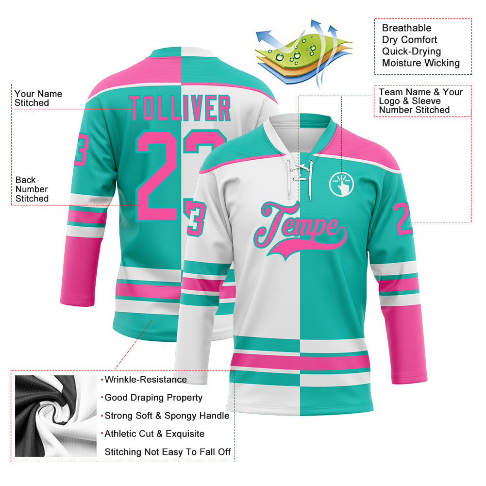 Custom Aqua Pink-White Split Fashion Hockey Lace Neck Jersey view 3