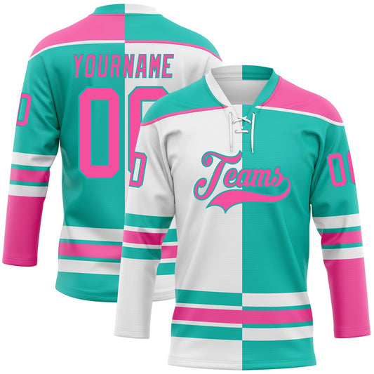 Custom Aqua Pink-White Split Fashion Hockey Lace Neck Jersey - Main View