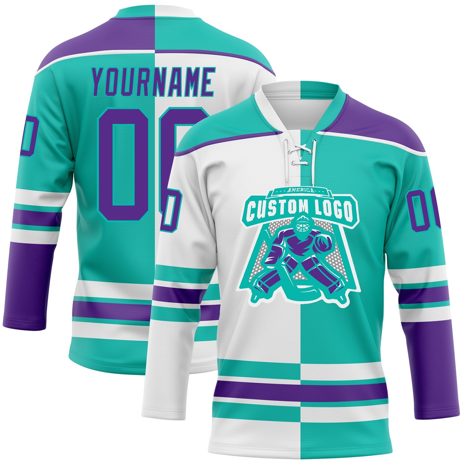 Custom Aqua Purple-White Split Fashion Hockey Lace Neck Jersey view 2
