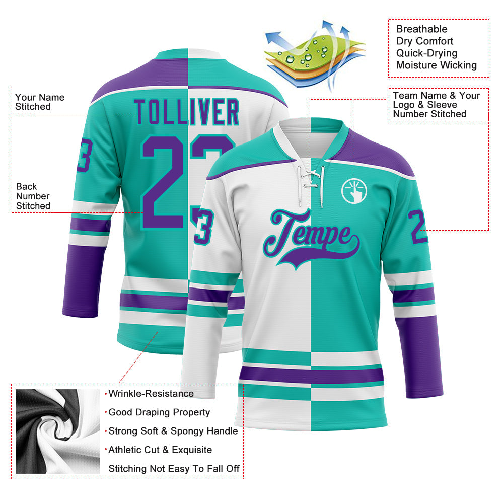 Custom Aqua Purple-White Split Fashion Hockey Lace Neck Jersey view 3