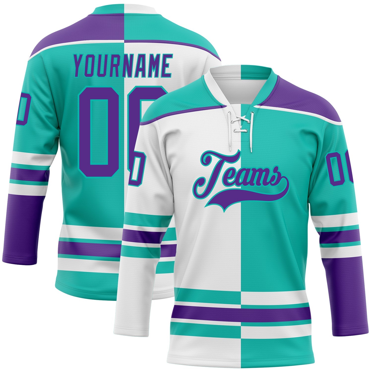 Custom Aqua Purple-White Split Fashion Hockey Lace Neck Jersey - Main View