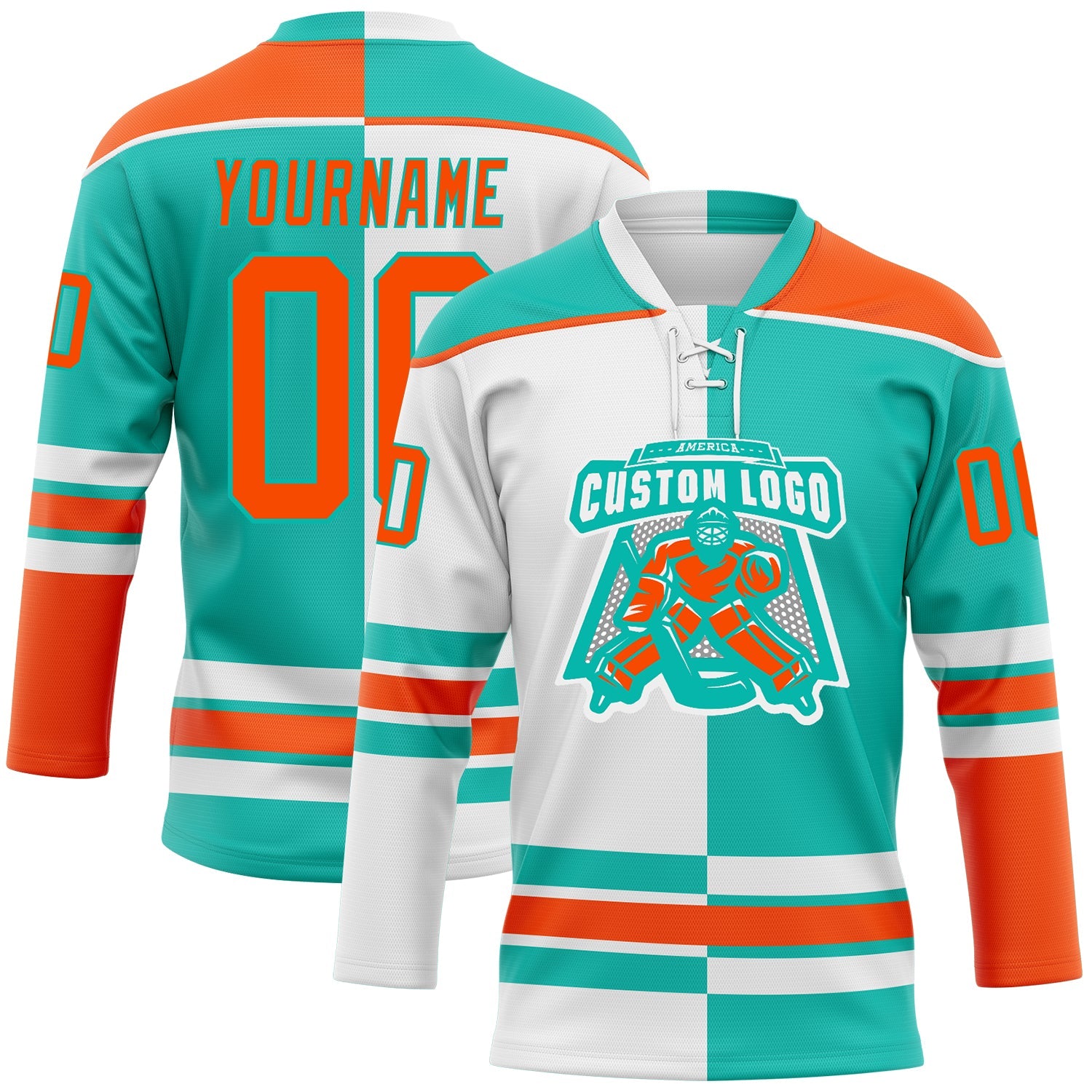 Custom Aqua Orange-White Split Fashion Hockey Lace Neck Jersey view 2