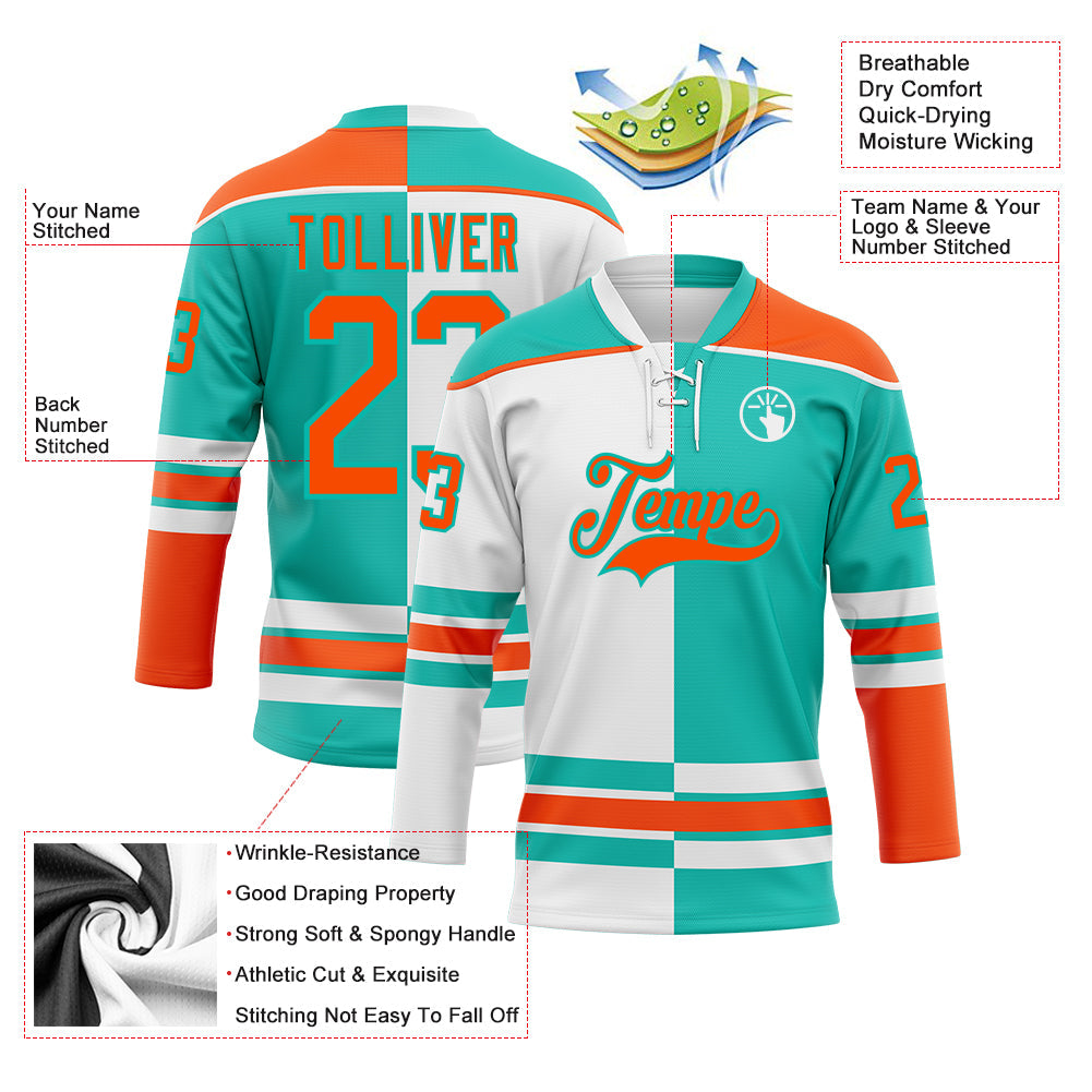 Custom Aqua Orange-White Split Fashion Hockey Lace Neck Jersey view 3