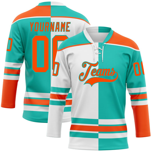 Custom Aqua Orange-White Split Fashion Hockey Lace Neck Jersey - Main View