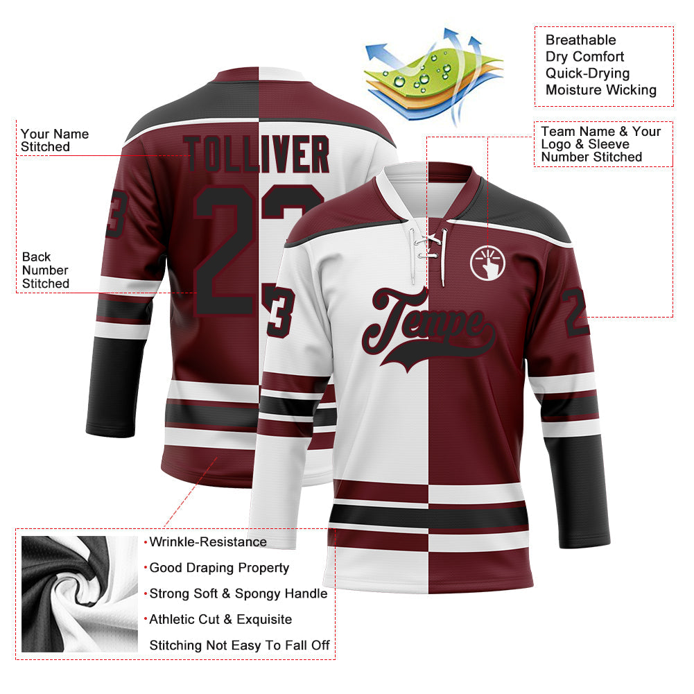 Custom Burgundy Black-White Split Fashion Hockey Lace Neck Jersey view 3
