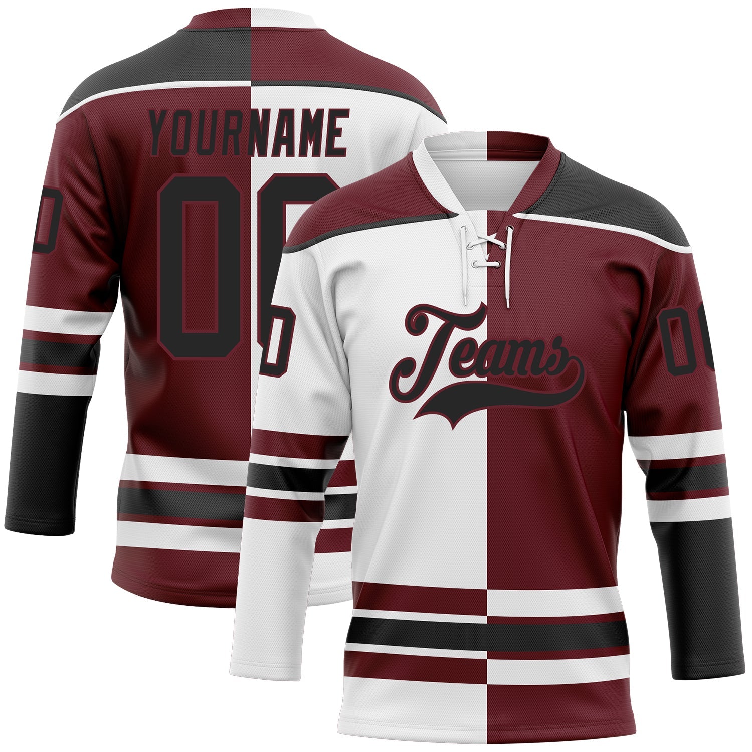 Custom Burgundy Black-White Split Fashion Hockey Lace Neck Jersey - Main View