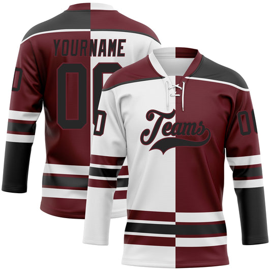 Custom Burgundy Black-White Split Fashion Hockey Lace Neck Jersey - Main View