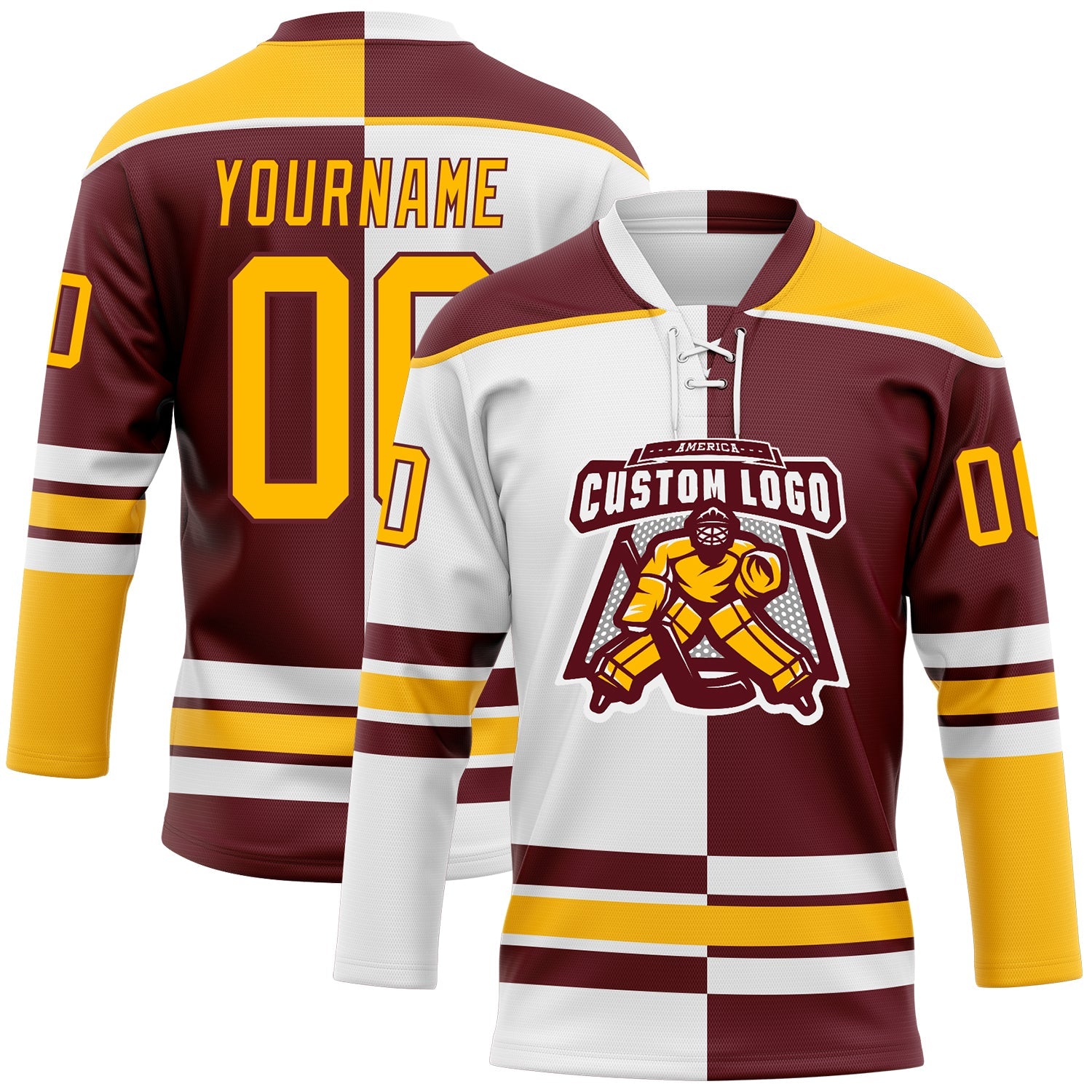 Custom Burgundy Gold-White Split Fashion Hockey Lace Neck Jersey view 2