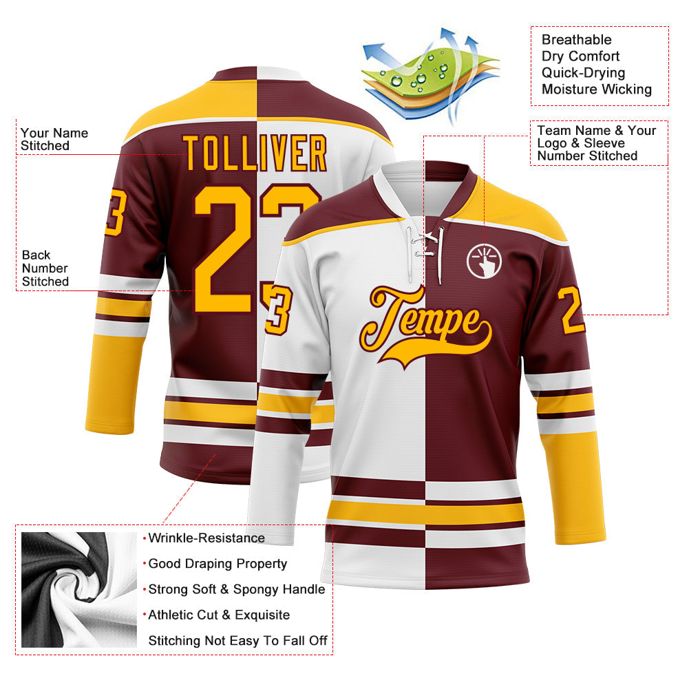 Custom Burgundy Gold-White Split Fashion Hockey Lace Neck Jersey view 3