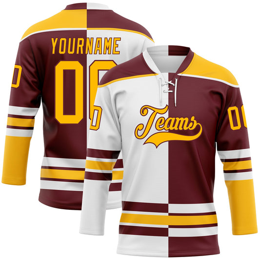Custom Burgundy Gold-White Split Fashion Hockey Lace Neck Jersey - Main View