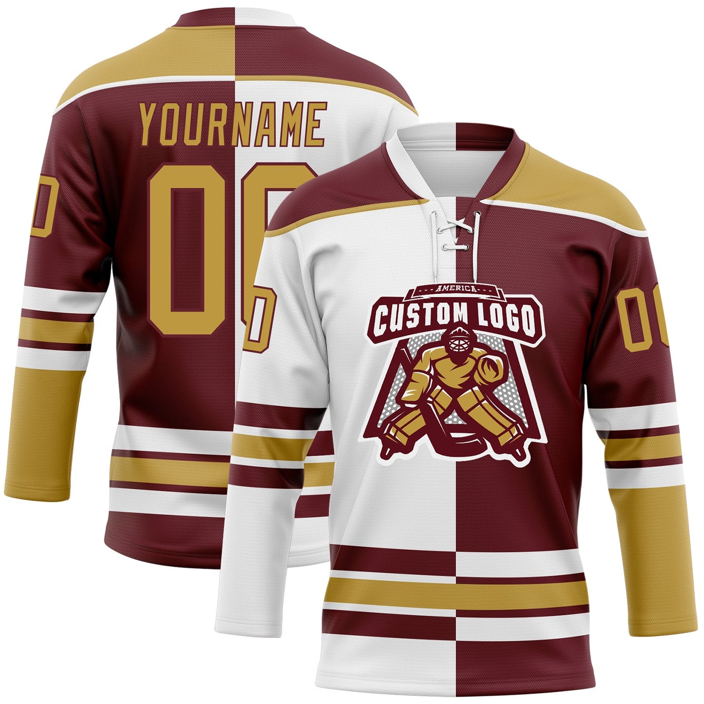 Custom Burgundy Old Gold-White Split Fashion Hockey Lace Neck Jersey view 2