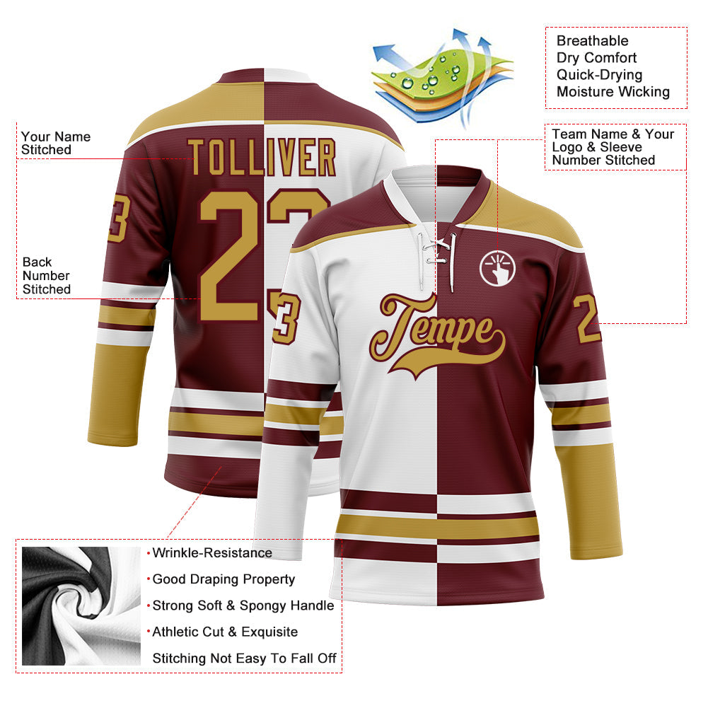 Custom Burgundy Old Gold-White Split Fashion Hockey Lace Neck Jersey view 3