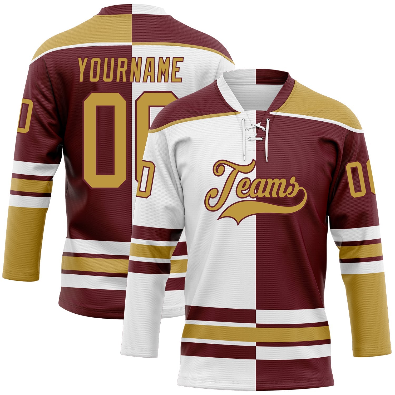 Custom Burgundy Old Gold-White Split Fashion Hockey Lace Neck Jersey - Main View