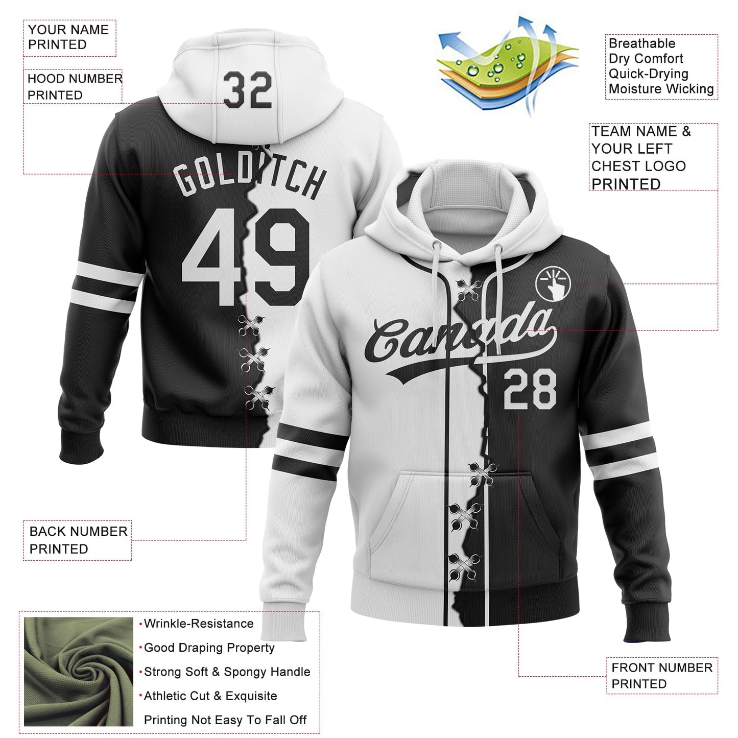 Custom Black White Split Ripped Pattern Baseball Pullover Sweatshirt Hoodie view 4