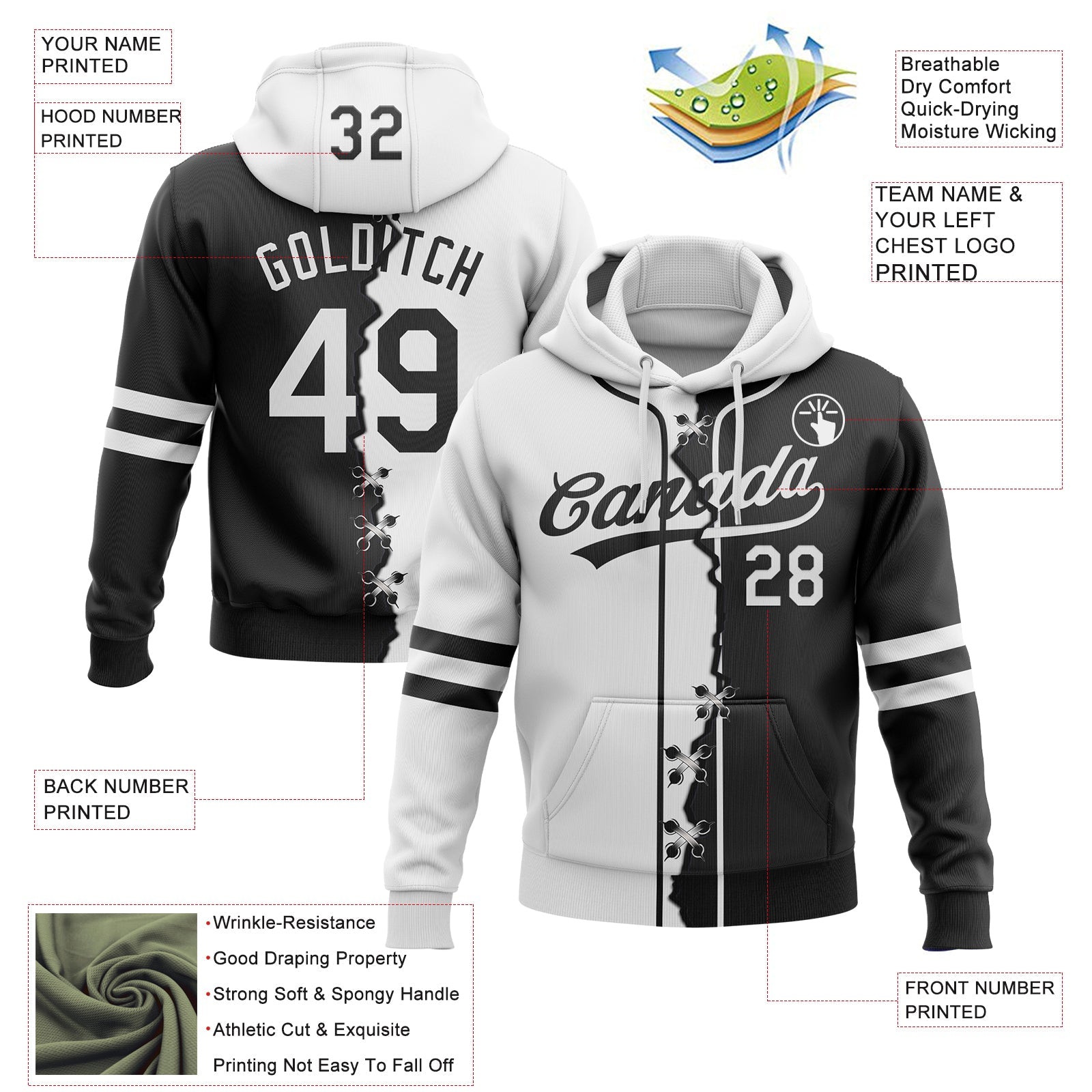 Custom Black White Split Ripped Pattern Baseball Pullover Sweatshirt Hoodie view 4