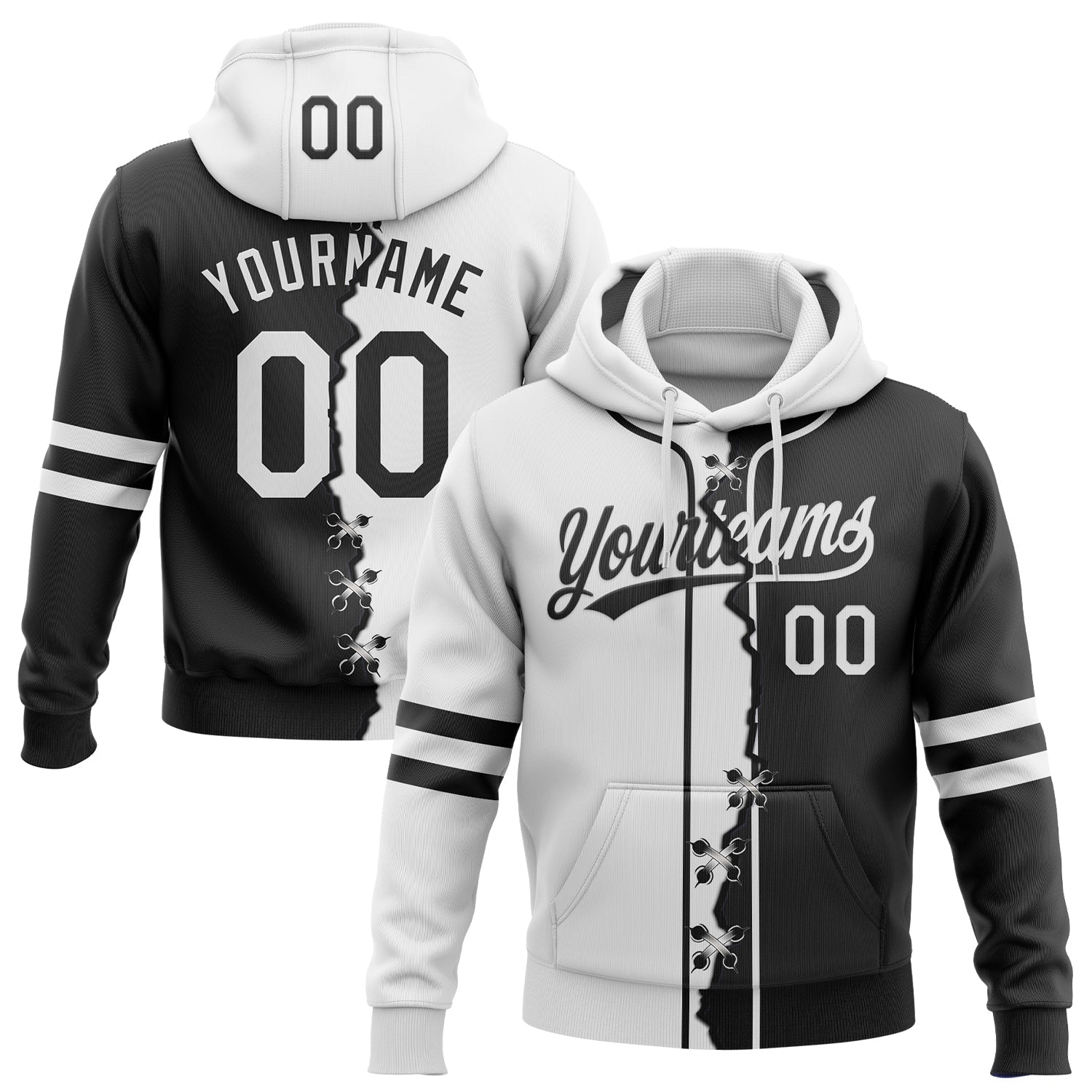 Custom Black White Split Ripped Pattern Baseball Pullover Sweatshirt Hoodie - Main View
