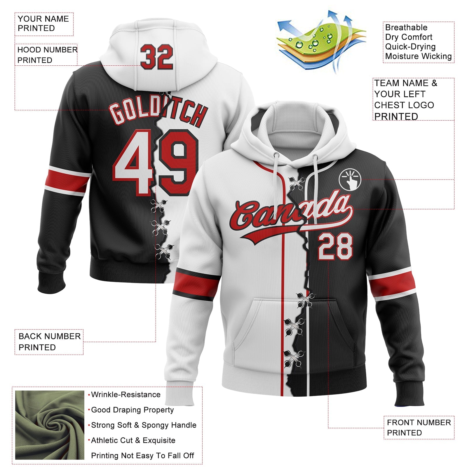Custom Black Red-White Split Ripped Pattern Baseball Pullover Sweatshirt Hoodie view 4