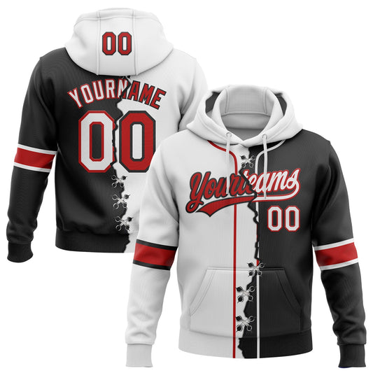 Custom Black Red-White Split Ripped Pattern Baseball Pullover Sweatshirt Hoodie - Main View