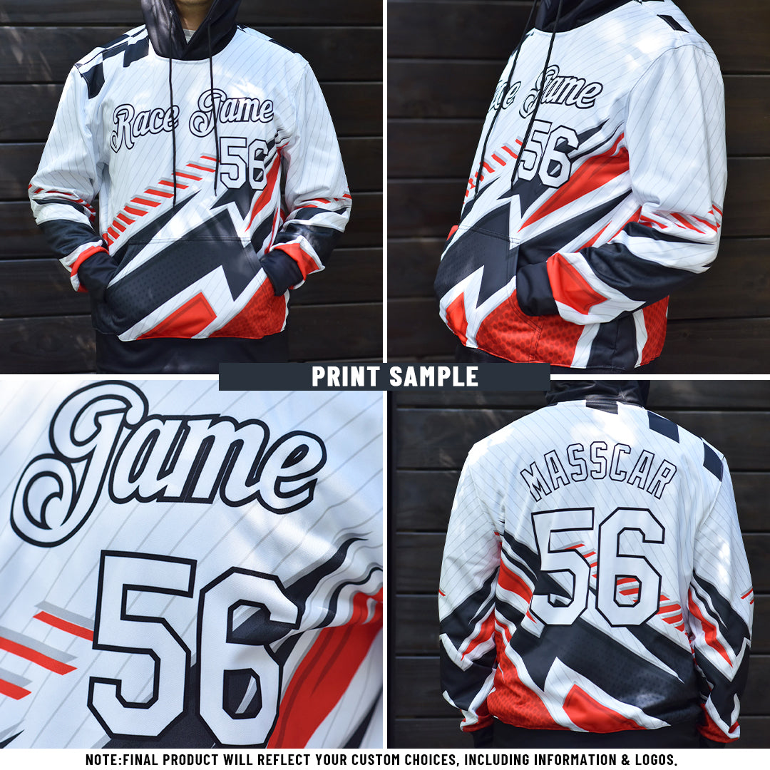 Custom Black White-Red Split Ripped Pattern Baseball Pullover Sweatshirt Hoodie view 3