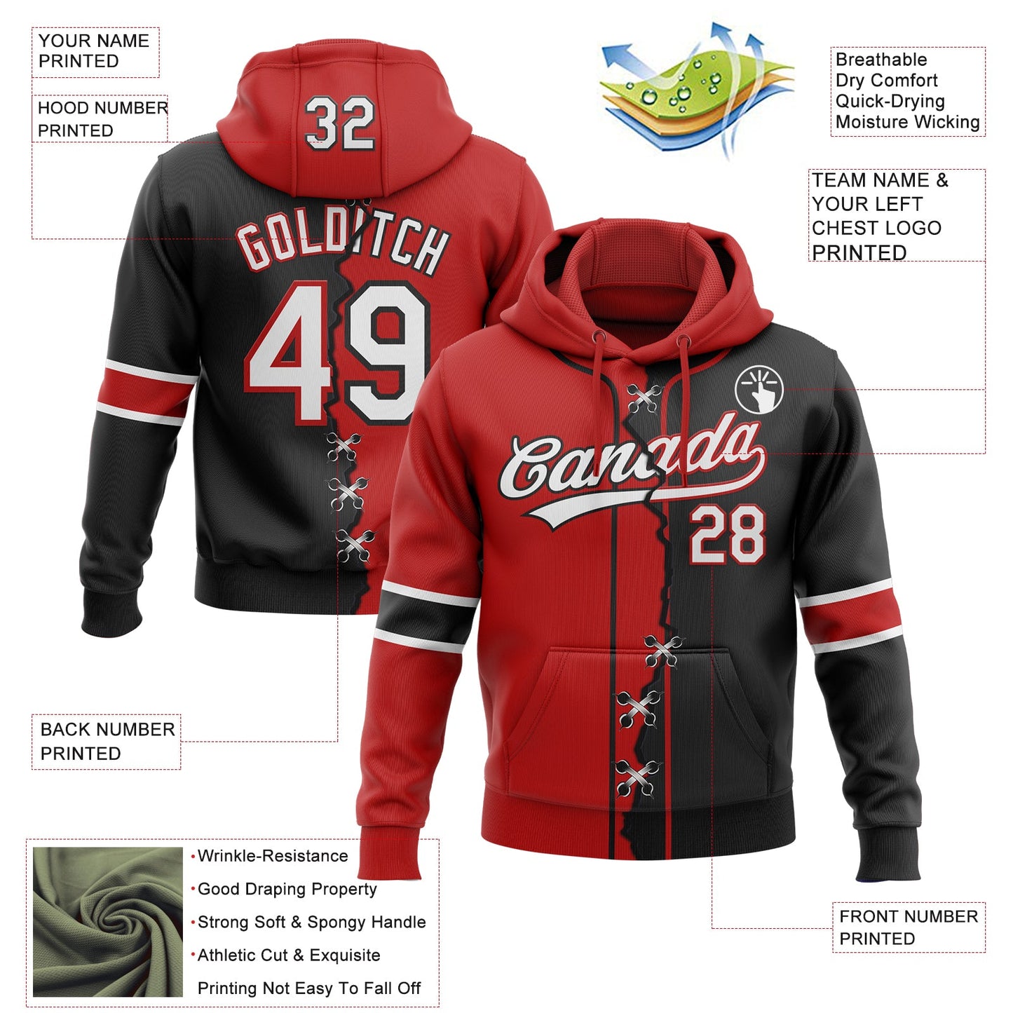 Custom Black White-Red Split Ripped Pattern Baseball Pullover Sweatshirt Hoodie view 4