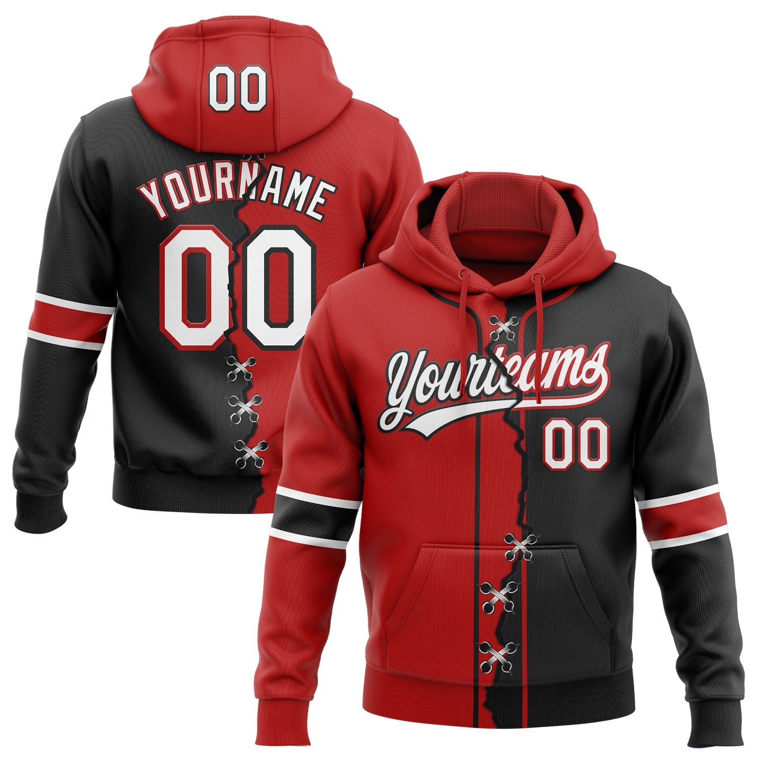 Custom Black White-Red Split Ripped Pattern Baseball Pullover Sweatshirt Hoodie - Main View