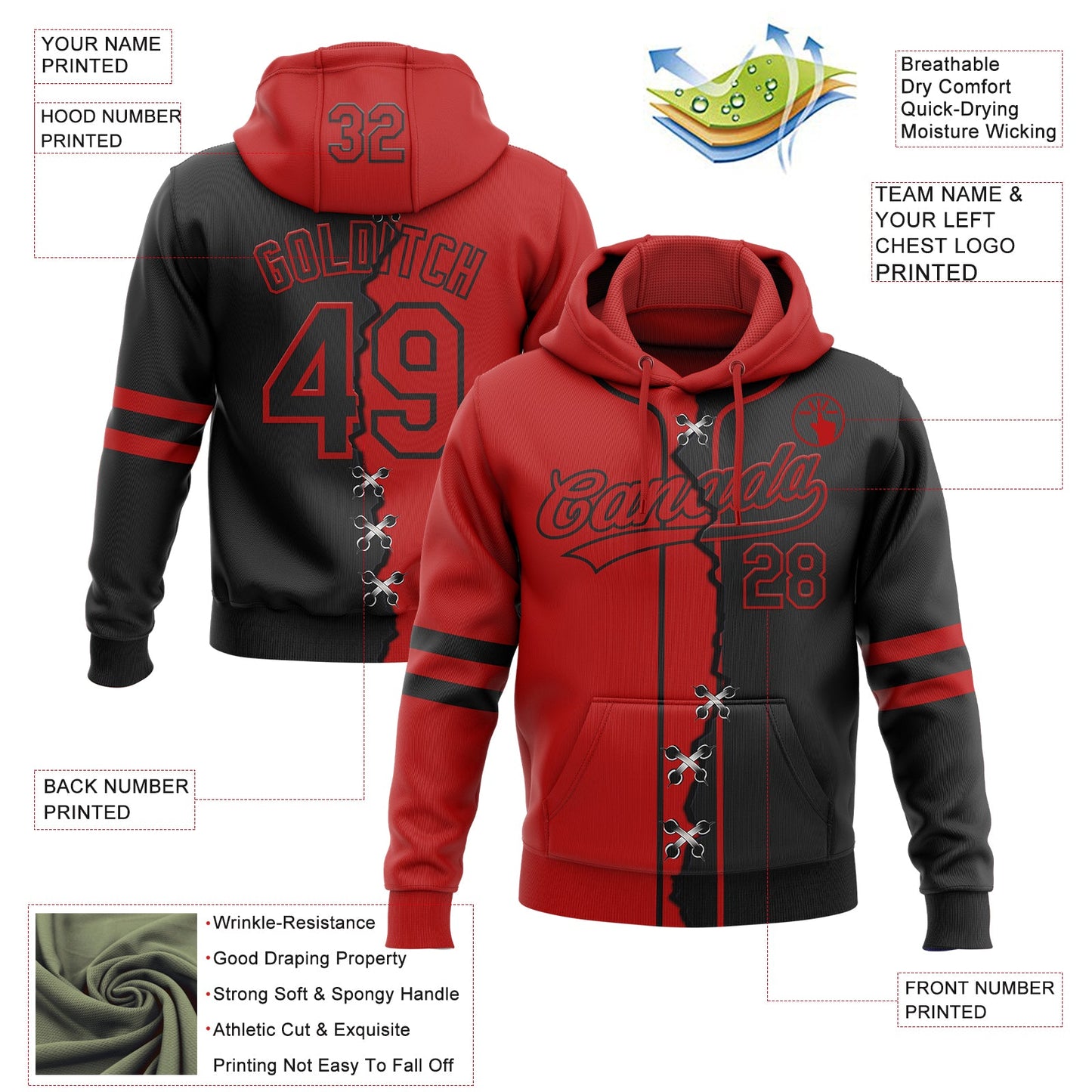 Custom Black Red Split Ripped Pattern Baseball Pullover Sweatshirt Hoodie view 4