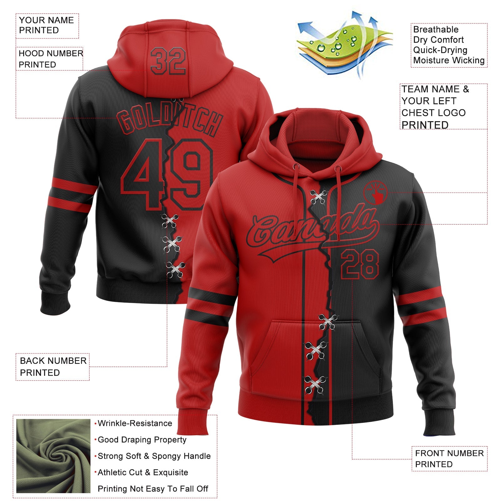 Custom Black Red Split Ripped Pattern Baseball Pullover Sweatshirt Hoodie view 4